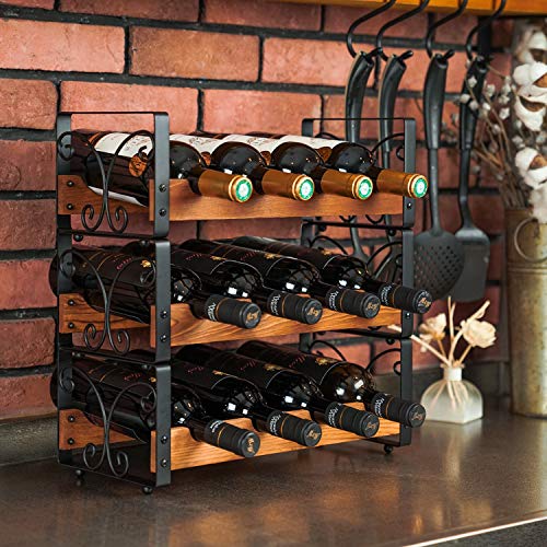 X-cosrack Rustic 3 Tier Stackable Wine Rack Freestanding 12 Bottles Organizer Holder Stand Countertop Liquor Storage Shelf Solid Wood & Iron 17" L x 7.2" W x 16.5" H-Patent Design