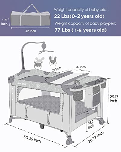 ADOVEL Baby Bassinet Bedside Crib, Pack and Play with Mattress, Diaper Changer and Playards from Newborn to Toddles