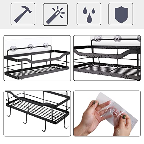 Carwiner Shower Caddy Bathroom Shelf 2-Pack, Basket with 8 Hooks for Hanging Shampoo Conditioner, Stainless Steel Rack Wall Mounted Storage Organizer for Kitchen, No Drilling (Black)