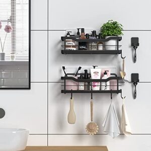 Carwiner Shower Caddy Bathroom Shelf 2-Pack, Basket with 8 Hooks for Hanging Shampoo Conditioner, Stainless Steel Rack Wall Mounted Storage Organizer for Kitchen, No Drilling (Black)