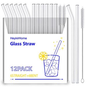 heykirhome 12-pack disposable glass straw,size 8.5”x10 mm,including 6 straight and 6 bent with 2 cleaning brush- perfect for smoothies, tea, juice