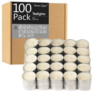 homelights unscented white tealight candles -100 pack, 6 to 7 hour burn time smokeless tea light candles, mini votive paraffin candles with cotton wicks for shabbat, weddings, christmas, home decor