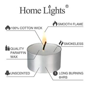 HomeLights Unscented White Tealight Candles -100 Pack, 6 to 7 Hour Burn Time Smokeless Tea Light Candles, Mini Votive Paraffin Candles with Cotton Wicks for Shabbat, Weddings, Christmas, Home Decor