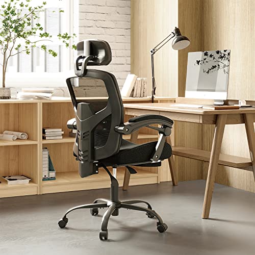 Ergonomic Office Chair, Reclining High Back Mesh Chair, Computer Desk Chair, Swivel Rolling Home Task Chair with Lumbar Support Pillow, Adjustable Headrest, Retractable Footrest and Padded Armrests