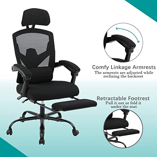 Ergonomic Office Chair, Reclining High Back Mesh Chair, Computer Desk Chair, Swivel Rolling Home Task Chair with Lumbar Support Pillow, Adjustable Headrest, Retractable Footrest and Padded Armrests