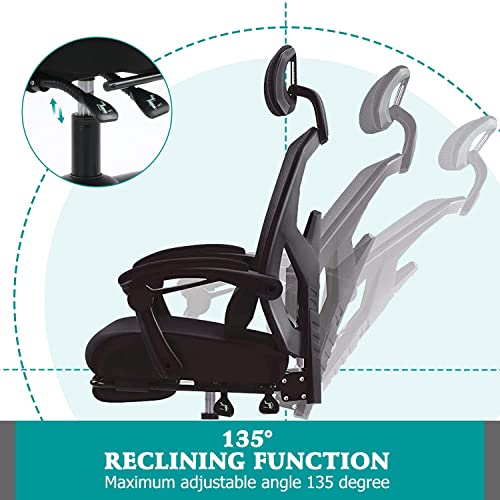 Ergonomic Office Chair, Reclining High Back Mesh Chair, Computer Desk Chair, Swivel Rolling Home Task Chair with Lumbar Support Pillow, Adjustable Headrest, Retractable Footrest and Padded Armrests