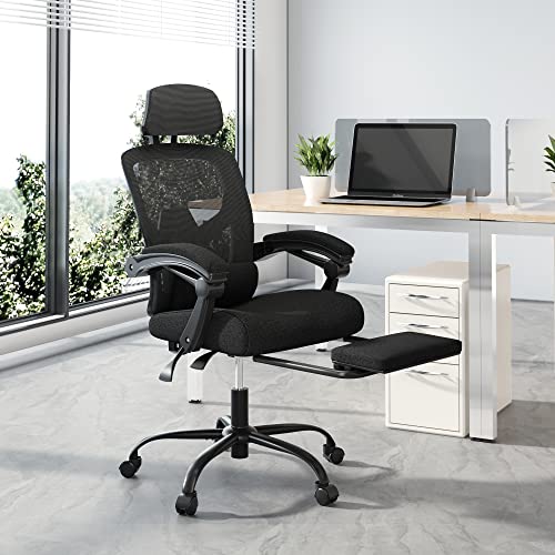 Ergonomic Office Chair, Reclining High Back Mesh Chair, Computer Desk Chair, Swivel Rolling Home Task Chair with Lumbar Support Pillow, Adjustable Headrest, Retractable Footrest and Padded Armrests