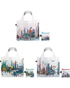 loqi kristjana s williams interiors reusable shopping bags, (set of 3), new york, london, skyline
