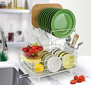 ideaglass dish drying rack with drainboard – 2 tier dish racks for kitchen counter, dish drain large, stainless steel dish strainer set, white