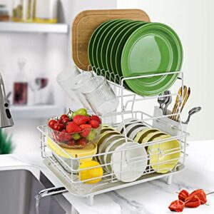 ideaglass Dish Drying Rack with Drainboard - 2 Tier Dish Racks for Kitchen Counter, Dish Drain Large, Stainless Steel Dish Strainer Set, White