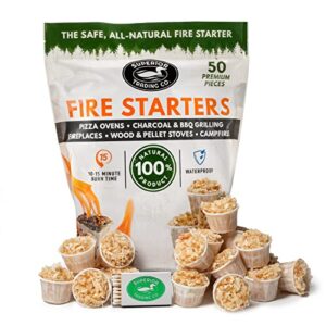 superior trading co. all natural fire starter 10-15 minute burn for bbq, campfire, charcoal, pit, wood & pellet stove, 50 extra large pods, waterproof for indoor/outdoor fire starter, brown