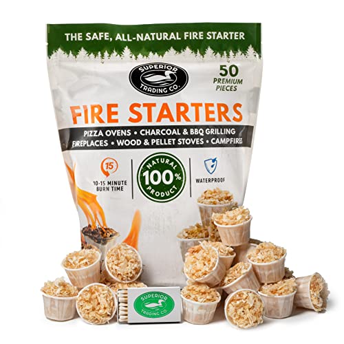 Superior Trading Co. All Natural Fire Starter 10-15 Minute Burn for BBQ, Campfire, Charcoal, Pit, Wood & Pellet Stove, 50 Extra Large Pods, Waterproof for Indoor/Outdoor Fire Starter, Brown