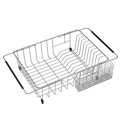 Slideep Expandable Dish Drying Rack, 202 Stainless Steel Over The Sink Dish Rack, in Sink or On Counter Dish Drainer with Steel Removable Utensil Holder