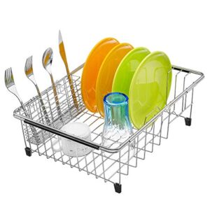 Slideep Expandable Dish Drying Rack, 202 Stainless Steel Over The Sink Dish Rack, in Sink or On Counter Dish Drainer with Steel Removable Utensil Holder