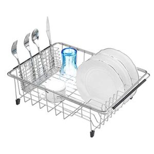 Slideep Expandable Dish Drying Rack, 202 Stainless Steel Over The Sink Dish Rack, in Sink or On Counter Dish Drainer with Steel Removable Utensil Holder