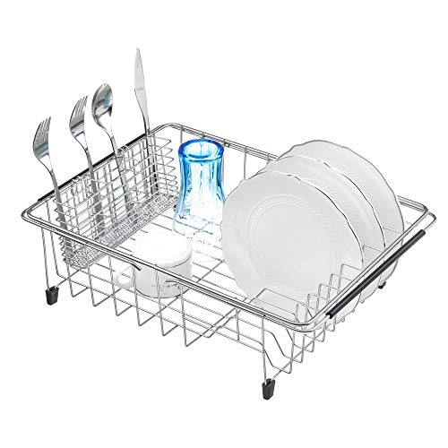 Slideep Expandable Dish Drying Rack, 202 Stainless Steel Over The Sink Dish Rack, in Sink or On Counter Dish Drainer with Steel Removable Utensil Holder