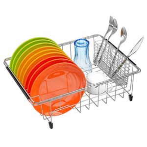 Slideep Expandable Dish Drying Rack, 202 Stainless Steel Over The Sink Dish Rack, in Sink or On Counter Dish Drainer with Steel Removable Utensil Holder