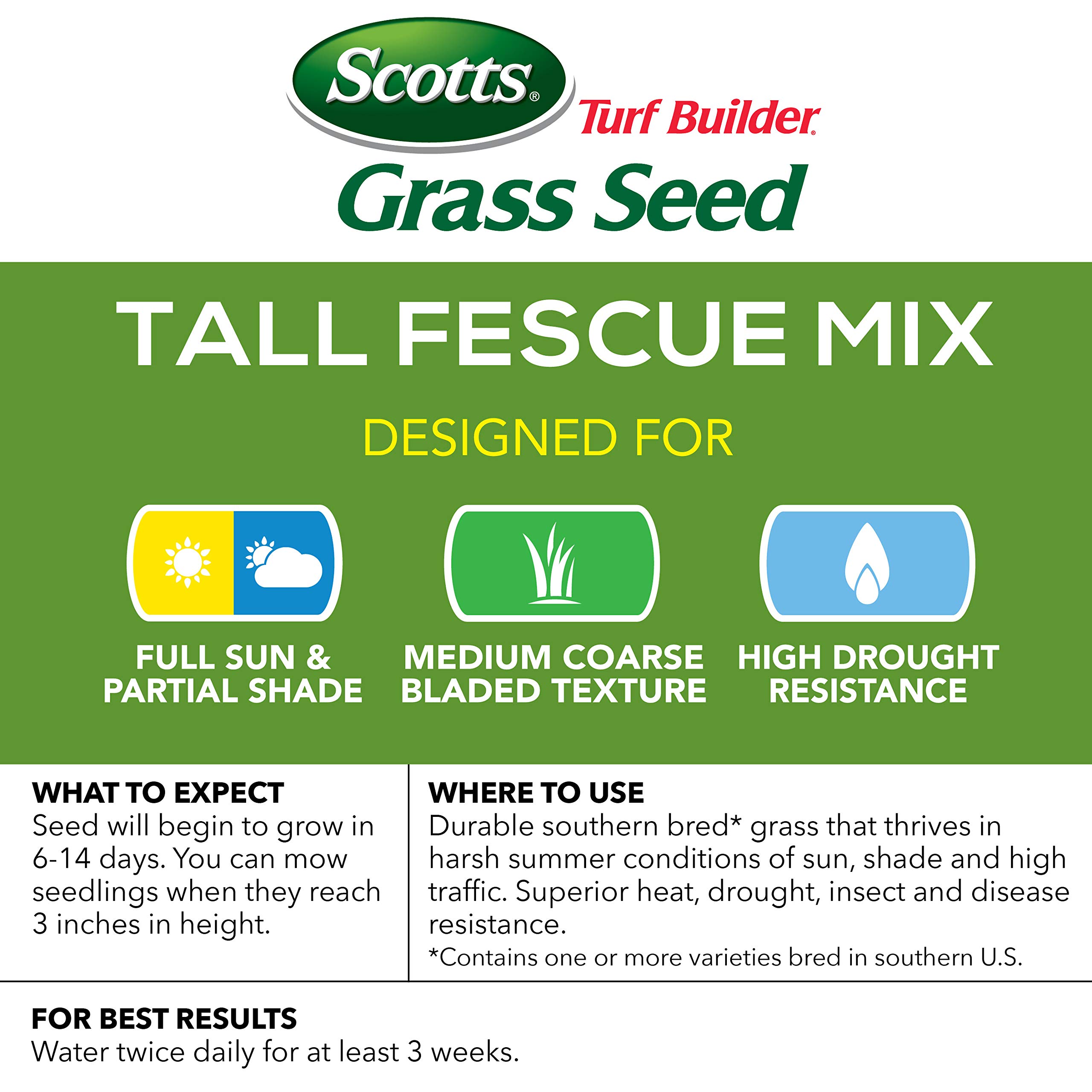 Scotts Turf Builder Grass Seed Tall Fescue Mix Grows Deep Roots for a Durable, Livable Lawn Resistant to Heat, Drought, 3lb.