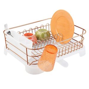 mdesign alloy steel sink dish drying rack holder w/plastic swivel spout drainboard tray – dish rack/dish drainer storage organizer for kitchen counter – holds plates, concerto collection, copper/clear