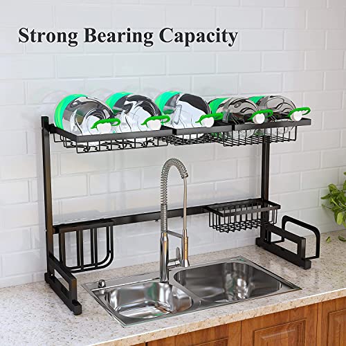 Dish Drying Rack, Over The Sink Dish Drying Rack Length Adjustable (From 33.8" to 41.5"), 2 Tier Large Dish Rack with Cup Holder Utensil Holder Caddy, Kitchen Counter Dish Drainer Organizer, Black