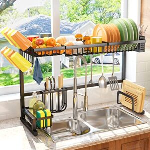 Dish Drying Rack, Over The Sink Dish Drying Rack Length Adjustable (From 33.8" to 41.5"), 2 Tier Large Dish Rack with Cup Holder Utensil Holder Caddy, Kitchen Counter Dish Drainer Organizer, Black