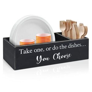 kitchen countertop plate organizer box for kitchen decor, paper plate holders, disposable dish holder for party,bbq,rustic kitchen utensil caddy for cups, forks, spoons, plates, napkins, condiments