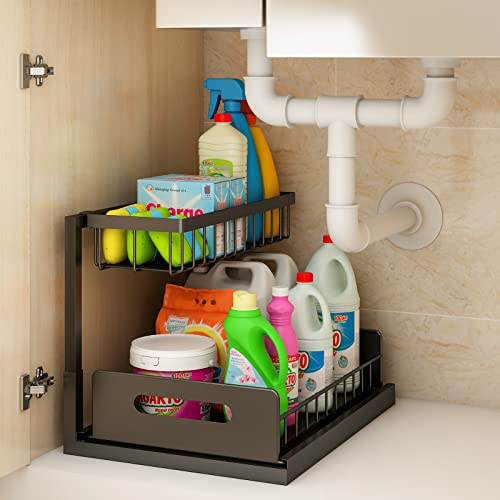 Under Sink Organizers and Storage, Pull Out Cabinet Organizer with Sliding Drawer 2 Tier Multi-purpose Bathroom Shelf Organizer Black for Kitchen Bathroom Storage