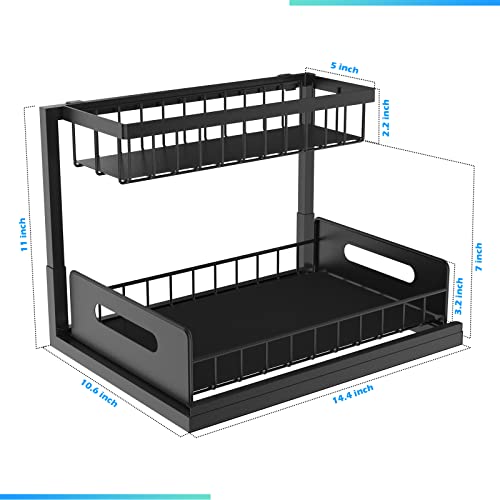 Under Sink Organizers and Storage, Pull Out Cabinet Organizer with Sliding Drawer 2 Tier Multi-purpose Bathroom Shelf Organizer Black for Kitchen Bathroom Storage