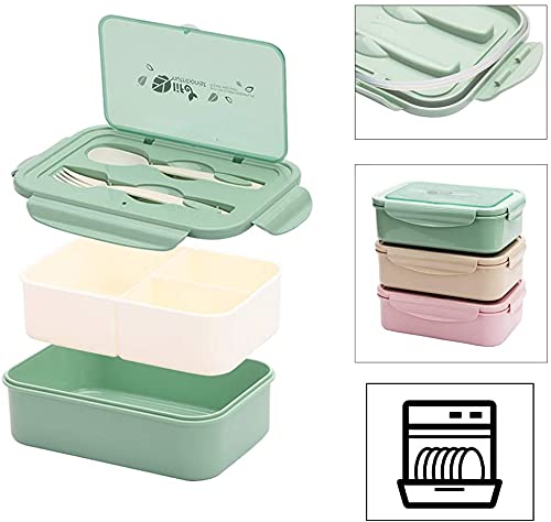 Bento Box, Lunch Box for Kids Adults, 3 Compartment Bento Lunch container, Food Storage Container Boxes, BPA Free On-the-Go Meal Prep Containers, Microwave/Dishwasher/Freezer Safe (Green)