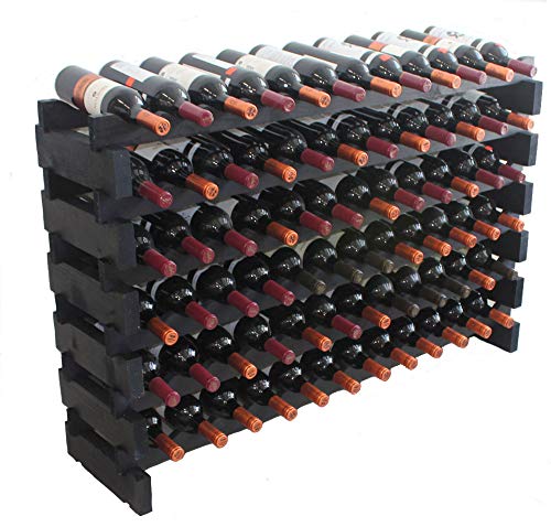 DisplayGifts Stackable Modular Wine Rack Storage Stand Pine Wood Display Shelves Wobble-Free 6 Rows 72 Bottle Capacity Black