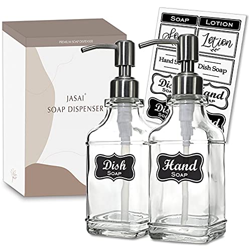 JASAI 2Pack Antique Design Glass Soap Dispenser with Rust Proof 304 Stainless Steel Pump, Refillable Hand Soap Dispenser with 10Pcs Stickers, Premium Soap Dispenser for Kitchen & Bathroom (Clear)