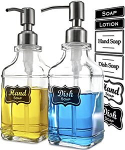 jasai 2pack antique design glass soap dispenser with rust proof 304 stainless steel pump, refillable hand soap dispenser with 10pcs stickers, premium soap dispenser for kitchen & bathroom (clear)