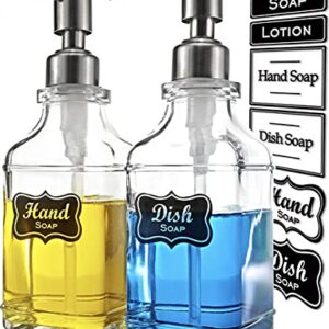 JASAI 2Pack Antique Design Glass Soap Dispenser with Rust Proof 304 Stainless Steel Pump, Refillable Hand Soap Dispenser with 10Pcs Stickers, Premium Soap Dispenser for Kitchen & Bathroom (Clear)