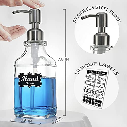 JASAI 2Pack Antique Design Glass Soap Dispenser with Rust Proof 304 Stainless Steel Pump, Refillable Hand Soap Dispenser with 10Pcs Stickers, Premium Soap Dispenser for Kitchen & Bathroom (Clear)