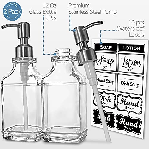 JASAI 2Pack Antique Design Glass Soap Dispenser with Rust Proof 304 Stainless Steel Pump, Refillable Hand Soap Dispenser with 10Pcs Stickers, Premium Soap Dispenser for Kitchen & Bathroom (Clear)