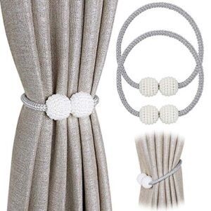[2 pack] magnetic curtain tiebacks convenient drape tie backs – pinowu pearl decorative rope holdback holder for small, thin or sheer window drapries (gray)