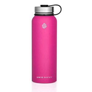swig savvy sports water bottle, vacuum insulated stainless steel, double-wall, insulated wide mouth leakproof lid, for hiking, camping, sports, and school – 32 oz (pink)
