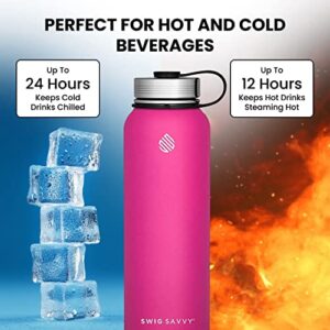 Swig Savvy Sports Water Bottle, Vacuum Insulated Stainless Steel, Double-Wall, Insulated Wide Mouth Leakproof Lid, for Hiking, Camping, Sports, and School - 32 Oz (Pink)