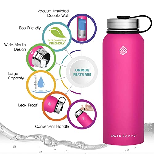 Swig Savvy Sports Water Bottle, Vacuum Insulated Stainless Steel, Double-Wall, Insulated Wide Mouth Leakproof Lid, for Hiking, Camping, Sports, and School - 32 Oz (Pink)