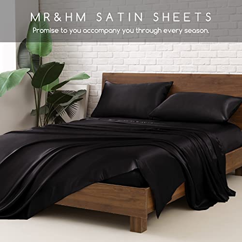 MR&HM Satin Bed Sheets, Queen Size Sheets Set, 4 Pcs Silky Bedding Set with 15 Inches Deep Pocket for Mattress (Queen, Black)