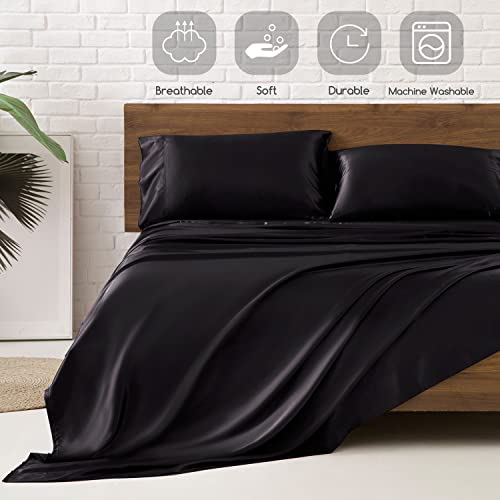 MR&HM Satin Bed Sheets, Queen Size Sheets Set, 4 Pcs Silky Bedding Set with 15 Inches Deep Pocket for Mattress (Queen, Black)