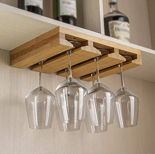 Kework Bamboo Wine Glass Holder, Hold Up to 6 Wine Glasses, Hanging Stemware Display Rack, Under Cabinet Mounted Wine Glass Drying Storage Hanger Organizer Rack (6-glass)