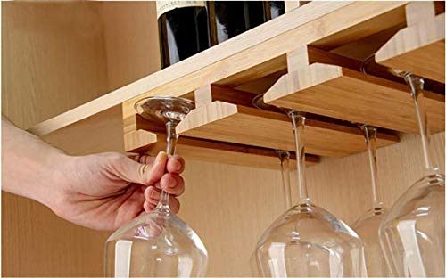 Kework Bamboo Wine Glass Holder, Hold Up to 6 Wine Glasses, Hanging Stemware Display Rack, Under Cabinet Mounted Wine Glass Drying Storage Hanger Organizer Rack (6-glass)