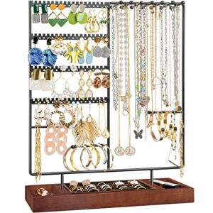 procase jewelry organizer stand earring holder, 144 holes stud earring display rack necklace holder storage tower with removable wooden ring tray for earrings necklaces bracelets rings watches -black