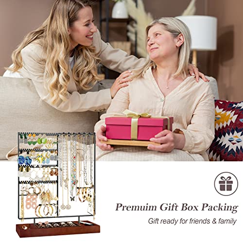 ProCase Jewelry Organizer Stand Earring Holder, 144 Holes Stud Earring Display Rack Necklace Holder Storage Tower with Removable Wooden Ring Tray for Earrings Necklaces Bracelets Rings Watches -Black