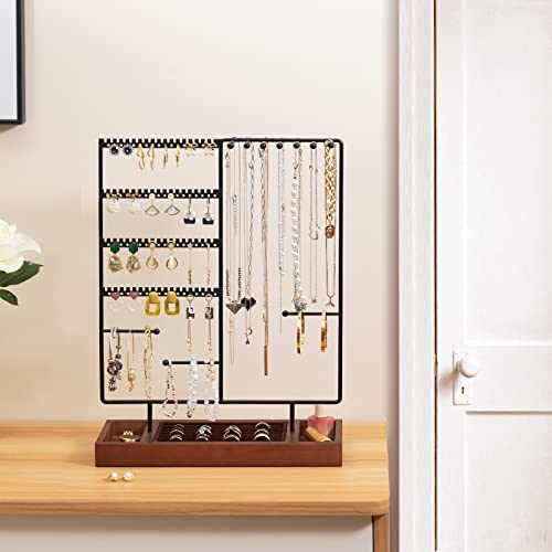 ProCase Jewelry Organizer Stand Earring Holder, 144 Holes Stud Earring Display Rack Necklace Holder Storage Tower with Removable Wooden Ring Tray for Earrings Necklaces Bracelets Rings Watches -Black