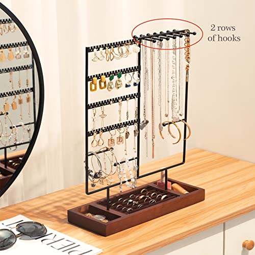 ProCase Jewelry Organizer Stand Earring Holder, 144 Holes Stud Earring Display Rack Necklace Holder Storage Tower with Removable Wooden Ring Tray for Earrings Necklaces Bracelets Rings Watches -Black