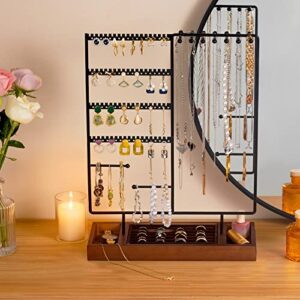 ProCase Jewelry Organizer Stand Earring Holder, 144 Holes Stud Earring Display Rack Necklace Holder Storage Tower with Removable Wooden Ring Tray for Earrings Necklaces Bracelets Rings Watches -Black