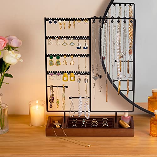 ProCase Jewelry Organizer Stand Earring Holder, 144 Holes Stud Earring Display Rack Necklace Holder Storage Tower with Removable Wooden Ring Tray for Earrings Necklaces Bracelets Rings Watches -Black