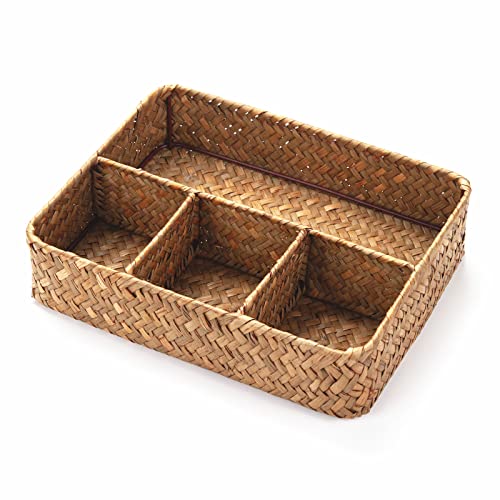 YANGQIHOME Tea Bag / Sugar Packet Holder, Coffee Station Condiment Organizer, Seagrass Storage Basket, Wicker Rattan Divided Basket Organizer for Drawer / Shelf / Countertop